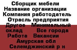 Сборщик мебели › Название организации ­ Компания-работодатель › Отрасль предприятия ­ Другое › Минимальный оклад ­ 1 - Все города Работа » Вакансии   . Амурская обл.,Селемджинский р-н